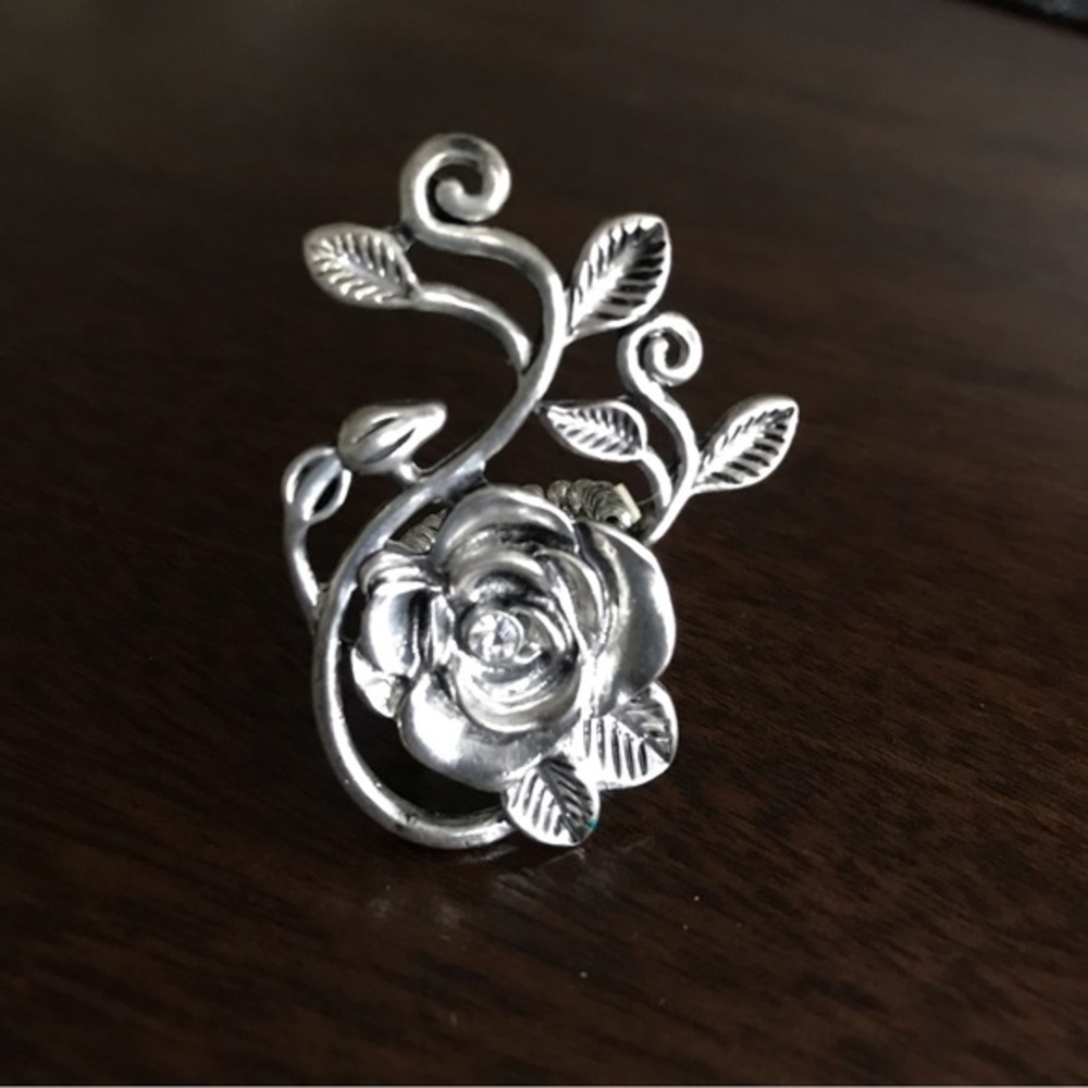 Cocktail Ring Silver Tone Rose Adjustable